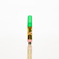 A single disposable vape cartridge standing upright on a reflective white surface against a solid white background. The vape has a bright green mouthpiece, a clear body showing golden-yellow liquid inside, and a metallic pink base. Thumbnail